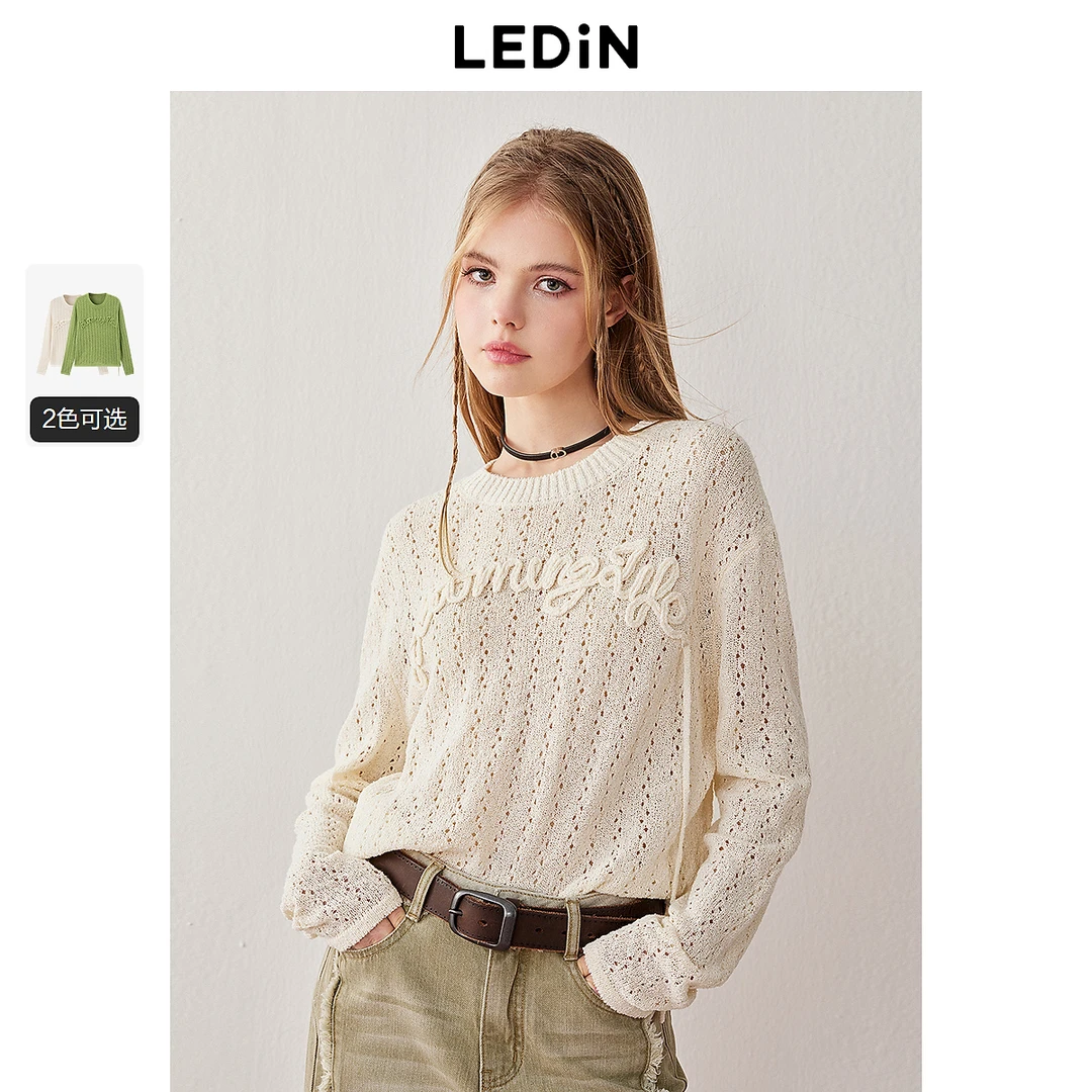 乐町圆领字母线套衫2024春季新款毛针织衫C2EEE1418