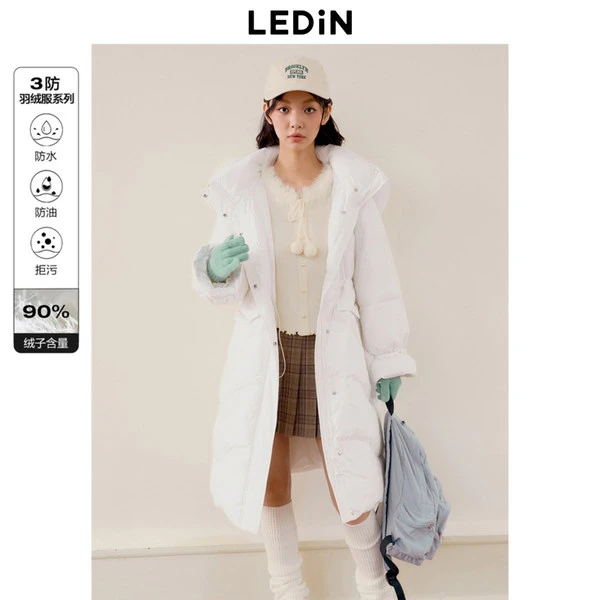 乐町新品大毛领连帽甜美羽绒服新款花苞袖中长款三防羽绒外套冬