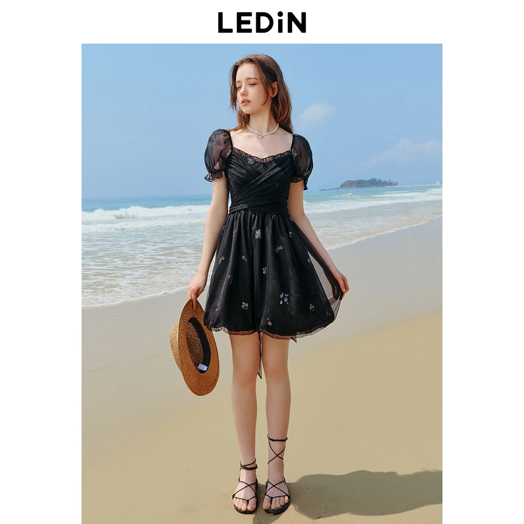 乐町花苞公主裙夏新款围裹式网纱立体蝴蝶结绑带连衣裙