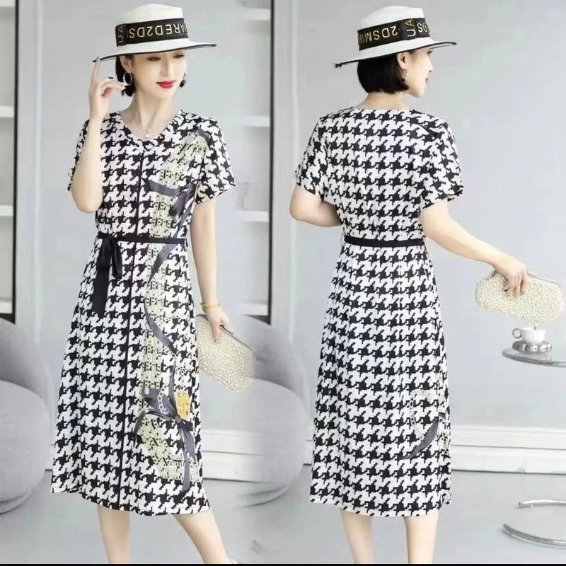 升级版原创千鸟格气质v领连衣裙收腰花色夏季洋气12