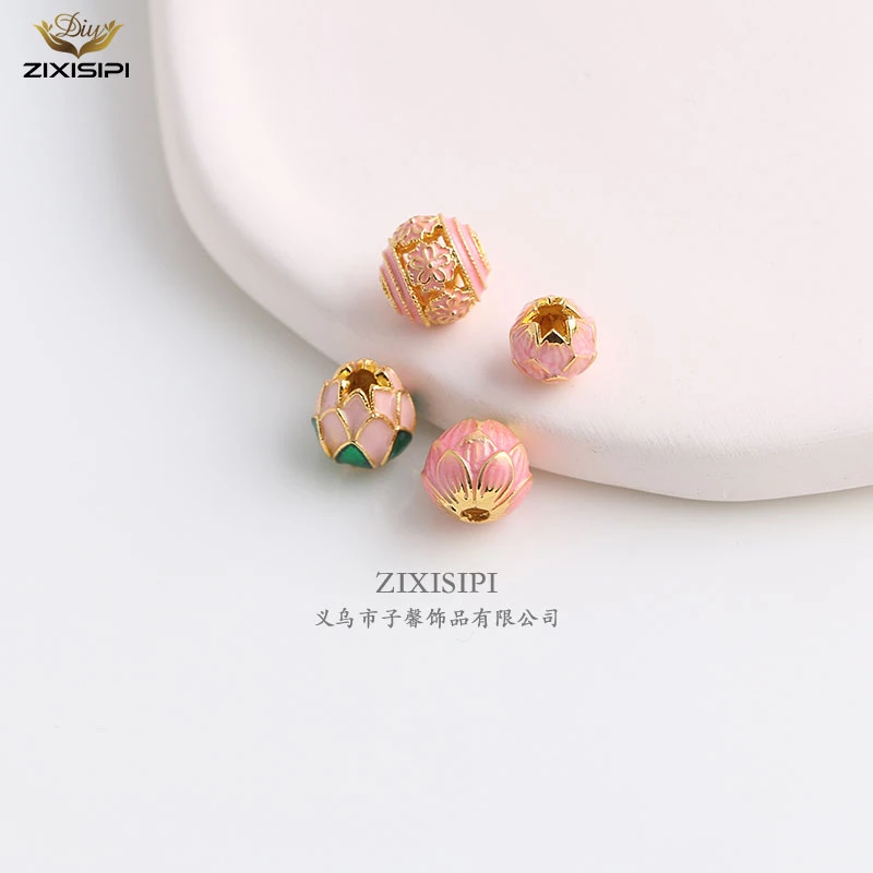金色景泰蓝莲花隔珠手工DIY手串佛珠挂件烧蓝掐丝铜配件/M0677