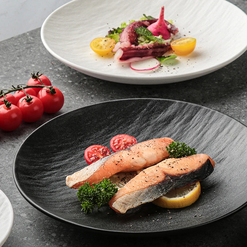 石纹陶瓷盘子高级感磨砂西餐盘牛排盘圆盘深盘商用西餐盘摆盘圆盘