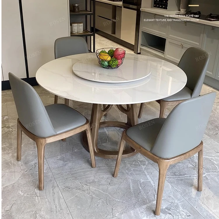 南粤家具意式轻奢岩板餐桌圆桌实木现代简约家用餐桌小户型饭桌