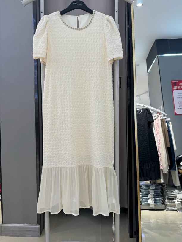 【VV FUSHI】L24079630夏季休闲简约圆领拼接中长款女装连衣裙