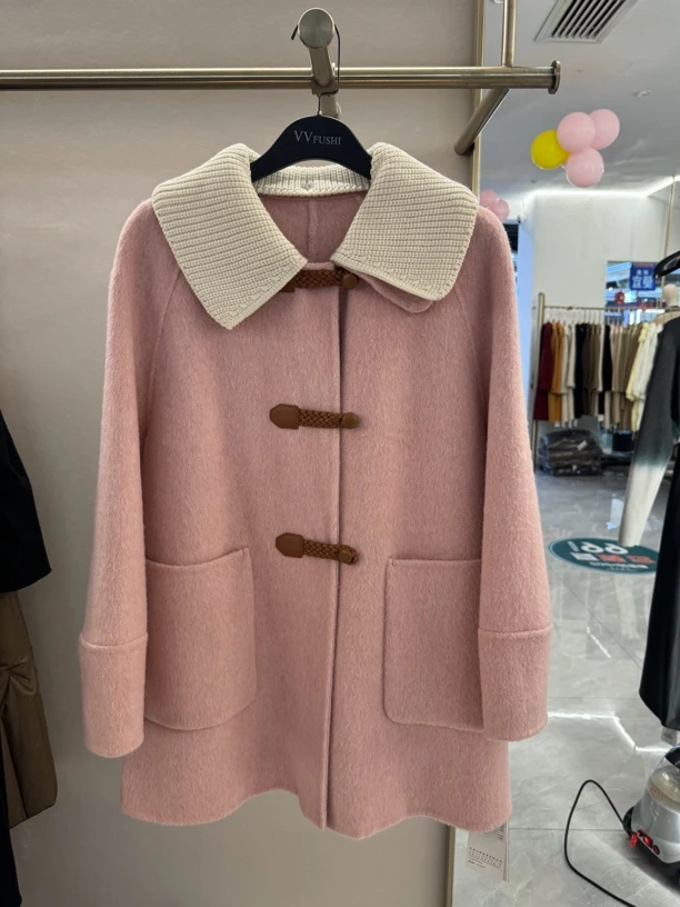 【VVFUSHI】S24103358秋冬高端毛领可拆双面羊毛大衣女中长款大衣
