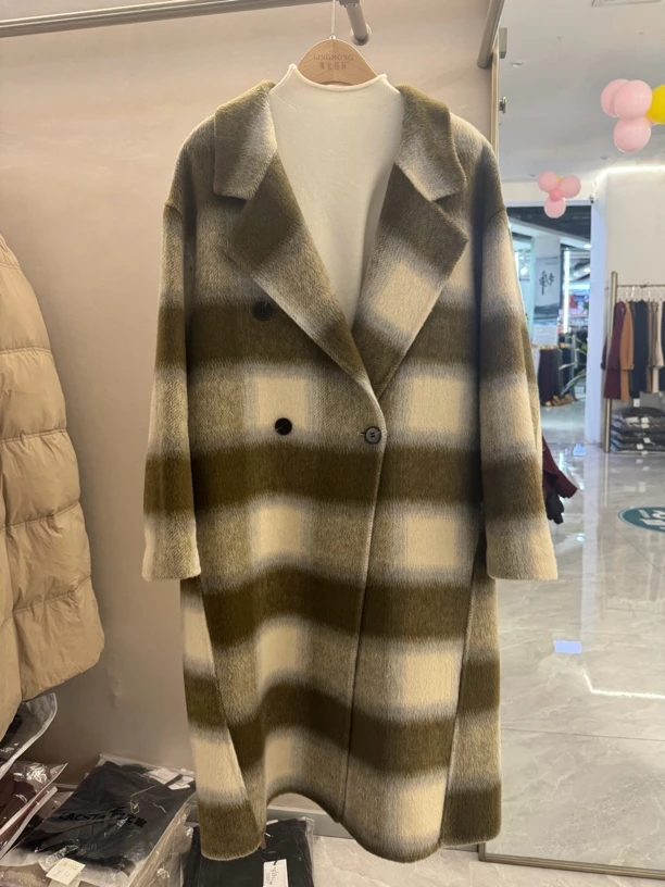 【VV FUSHI】S24111831宽松格子毛呢大衣秋冬长款时尚气质慵懒风