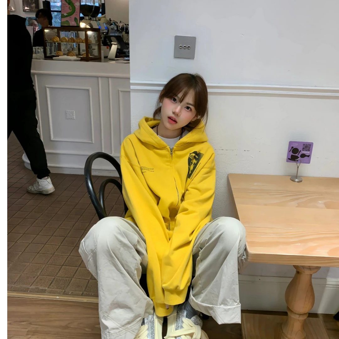 2025春季爆款黄色慵懒风多巴胺穿搭连帽开衫卫衣韩版oversize外套