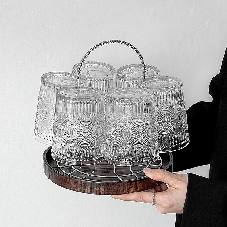 太阳花玻璃杯套装高颜值复古浮雕喝水杯茶杯家用待客水杯客厅透明