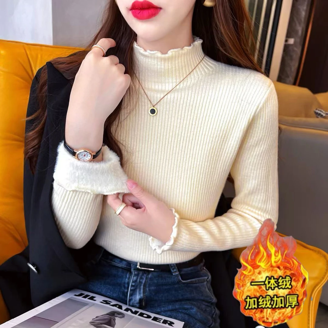 【现货一体绒】新款爆款冬季长袖针织衫百搭加绒加厚套头保暖上衣1