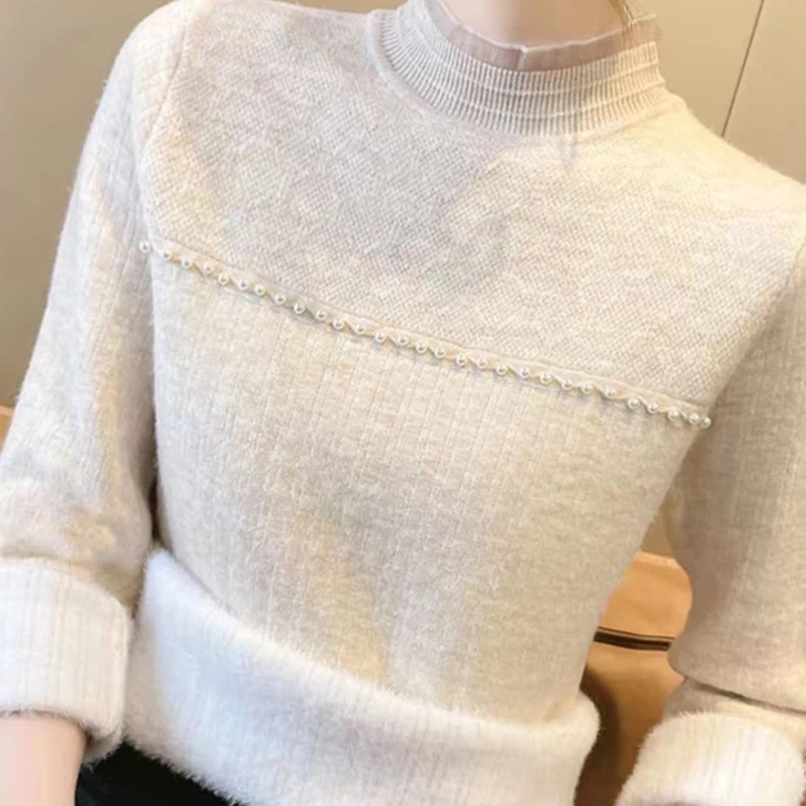 2023秋冬新款打底衫一体绒女士洋气毛衣半高领修身内搭蕾丝针织衫