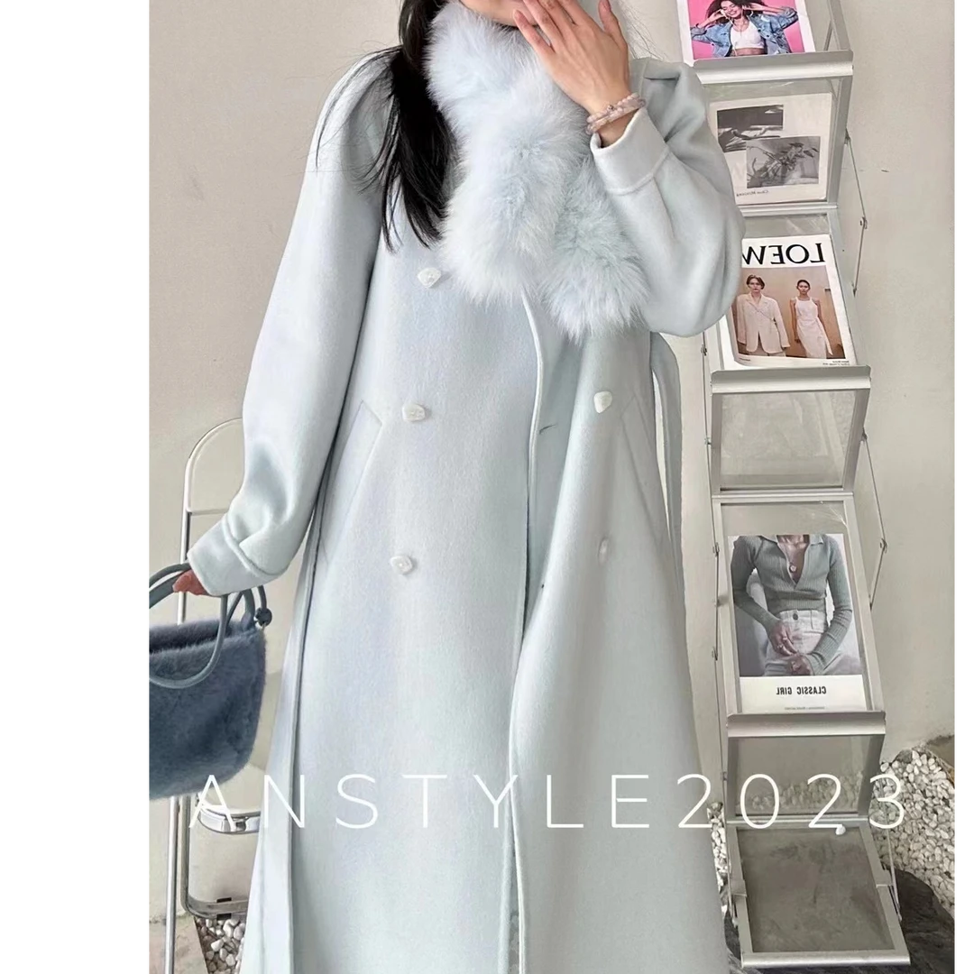 秋冬新款亮色系可拆卸毛领气质时尚可爱甜美风长款双面羊毛大衣