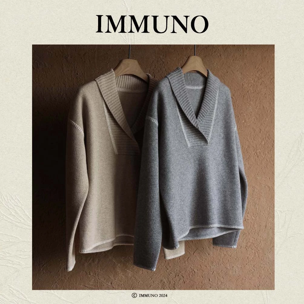 IMMUNO壹糯 进口羊绒12针机吊目双层工艺毛衣复古青果领针织衫