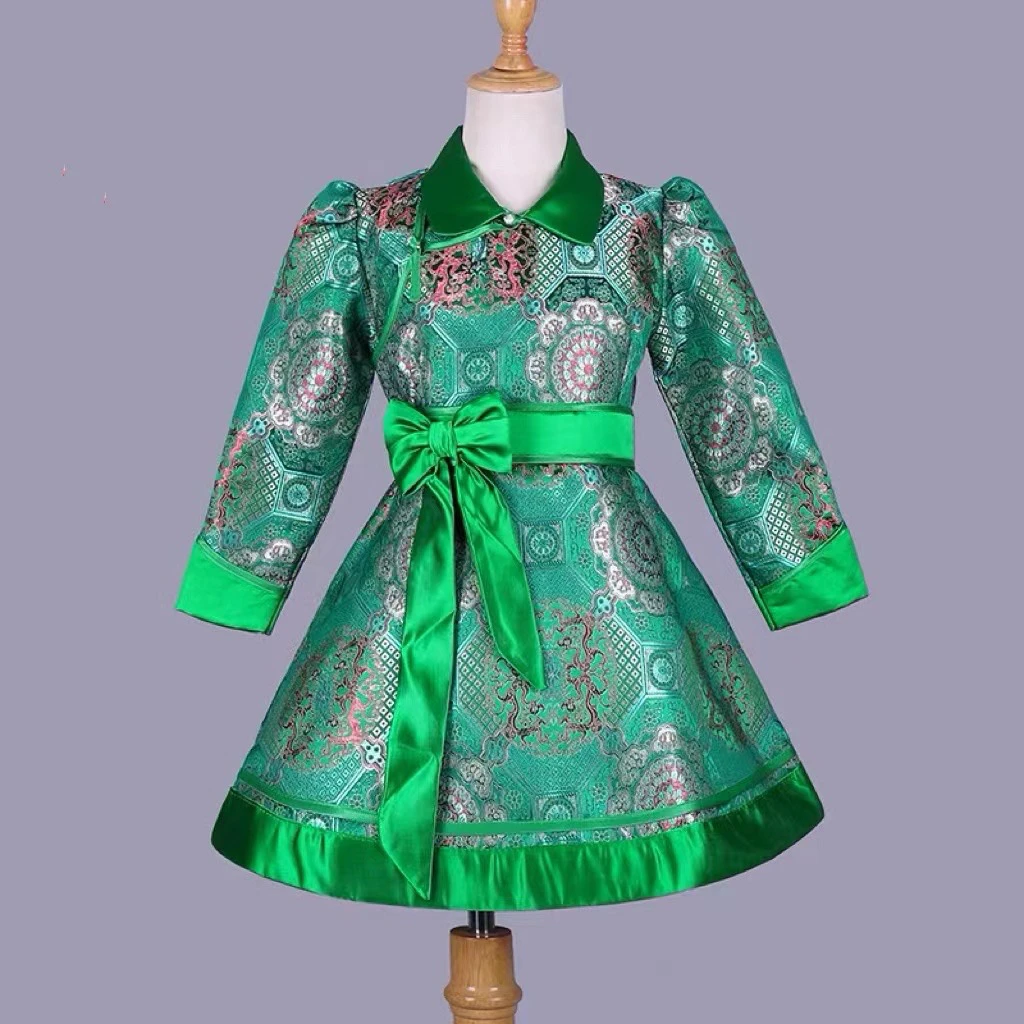 儿童蒙古袍女童公主裙舞蹈袍舞台演出服少数民族蒙古族连衣裙新款