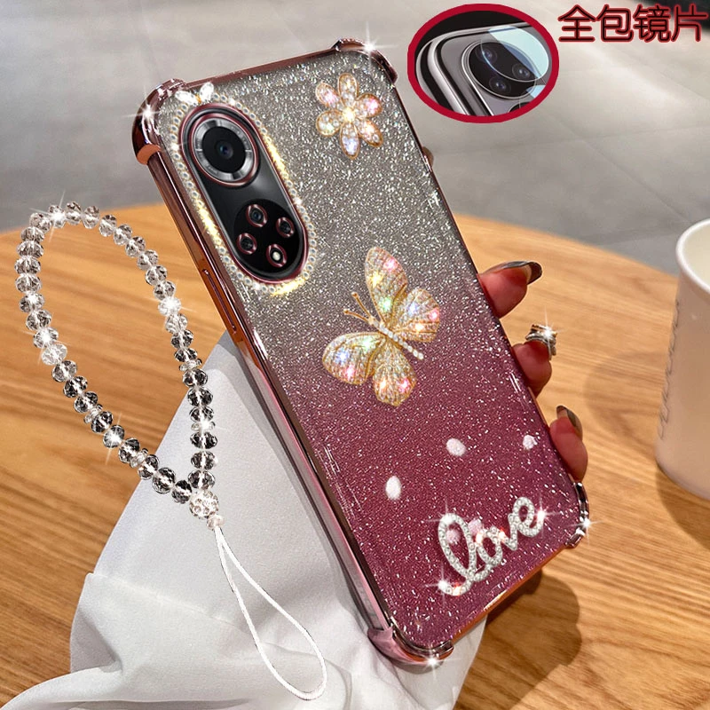 适用荣耀50pro手机壳RNA-AN00镜头膜全包镶钻透明闪粉气囊防摔套