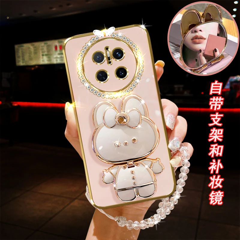 适用华为mate70手机壳5G镶钻镜子CLS-AL00小兔桌面支架防摔套女款