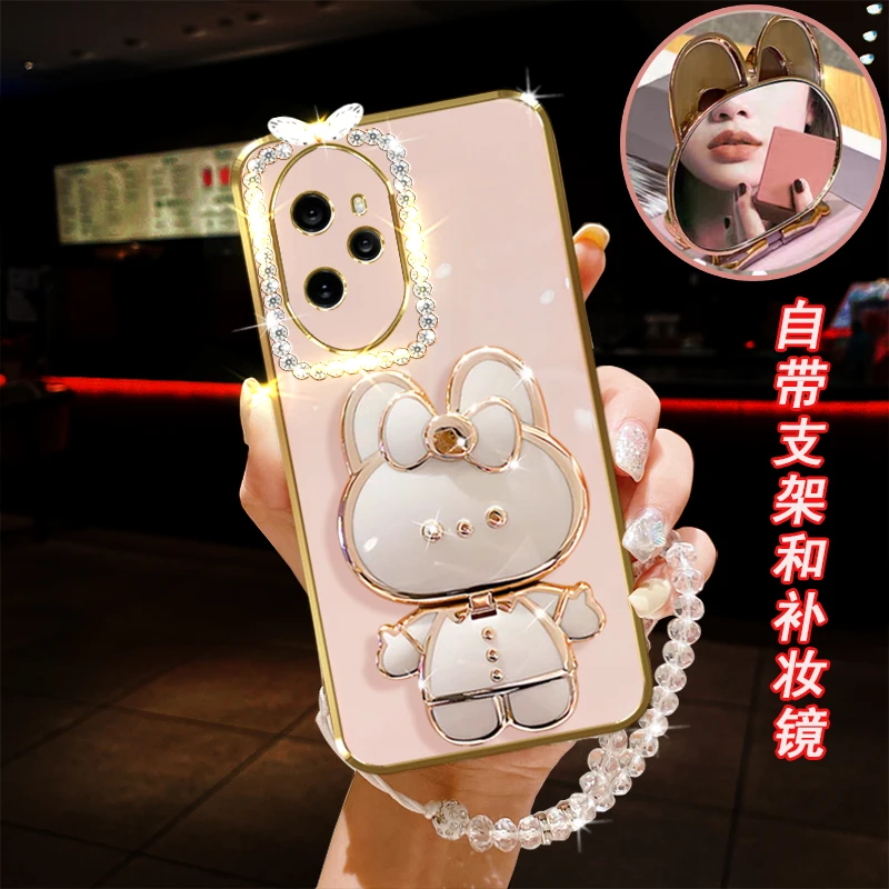 荣耀100pro手机壳5G镶钻honor镜子小兔支架防摔保护套女款手链软