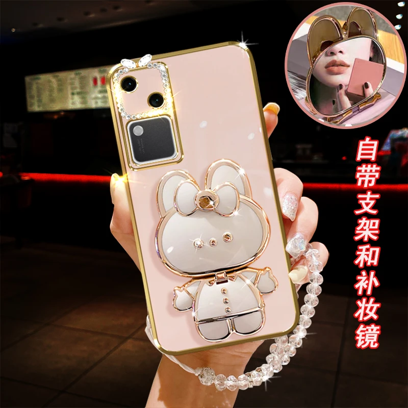 VIVO S18手机壳5G镶钻镜子小兔支架防摔保护套女款手链软硅胶新品
