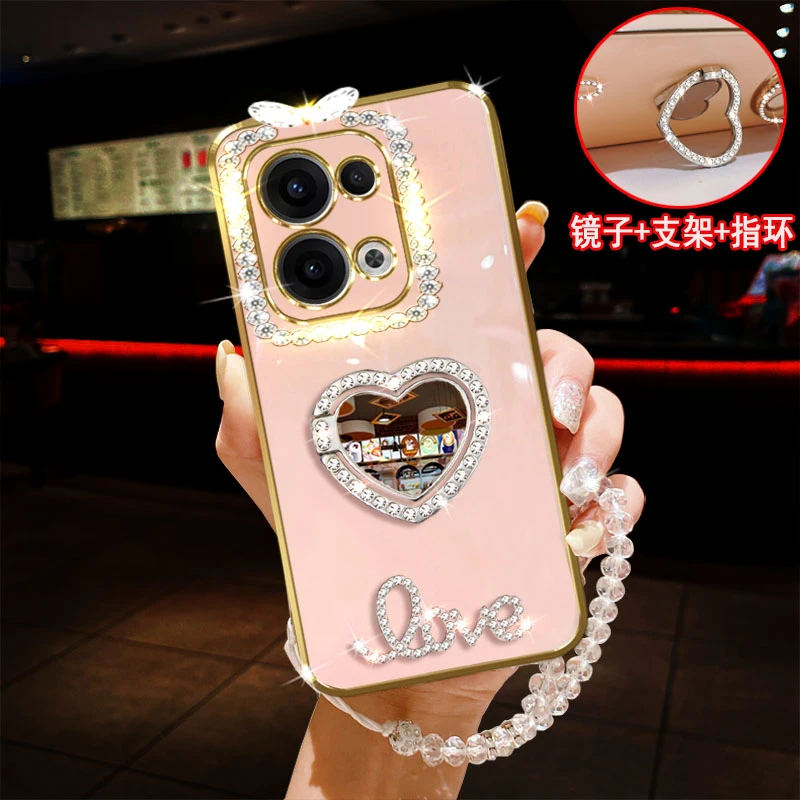 适用OPPO Reno13手机壳镶钻指环支架镜子防摔套女款时尚软胶创意
