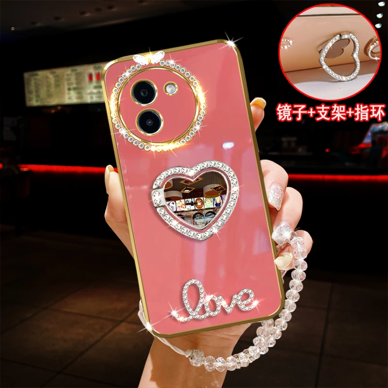 vivo y200i手机壳5G镶钻爱心指环支架镜子防摔保护套女款手链软胶