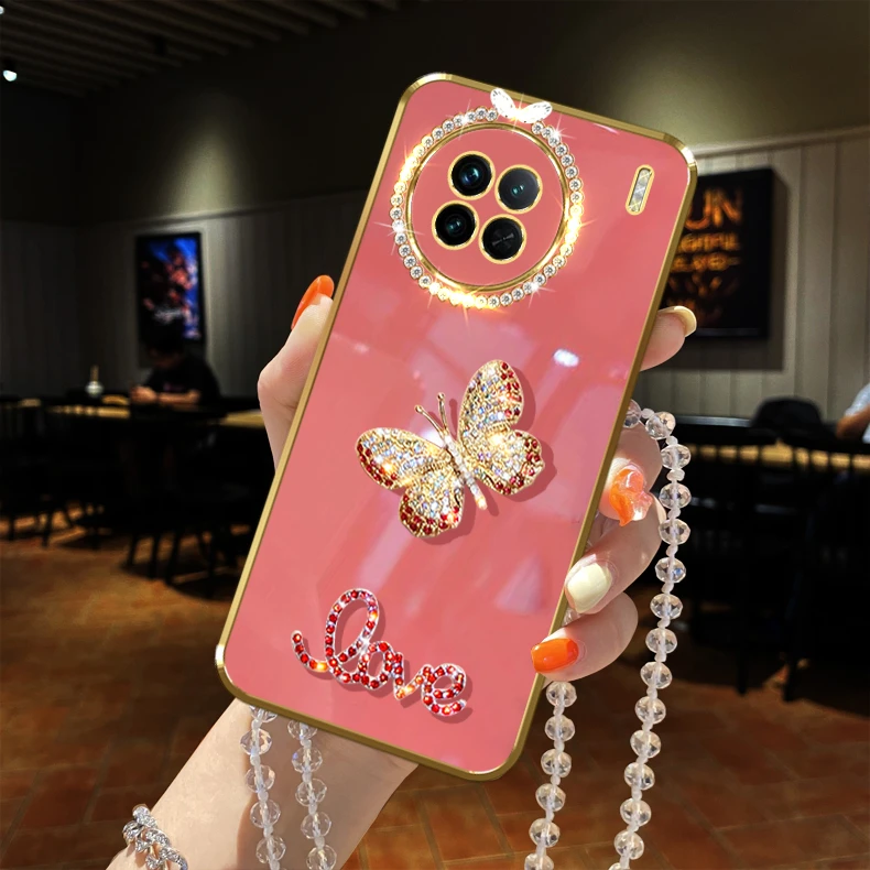 vivo x90s镶钻手机壳5G软胶防摔保护套全包镜头链子蝴蝶女款新品
