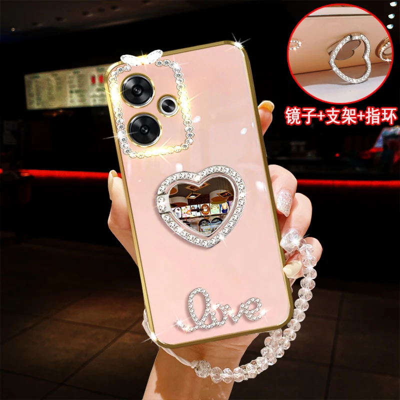 红米note13R手机壳镶钻指环360旋转支架镜子防摔保护套女款奢华新