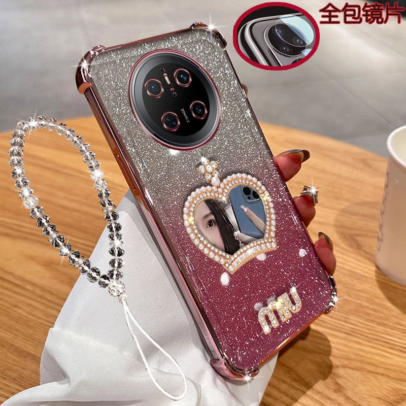 适用华为mate70手机壳5G镶钻皇冠镜子气囊防摔镜头全包保护套女款