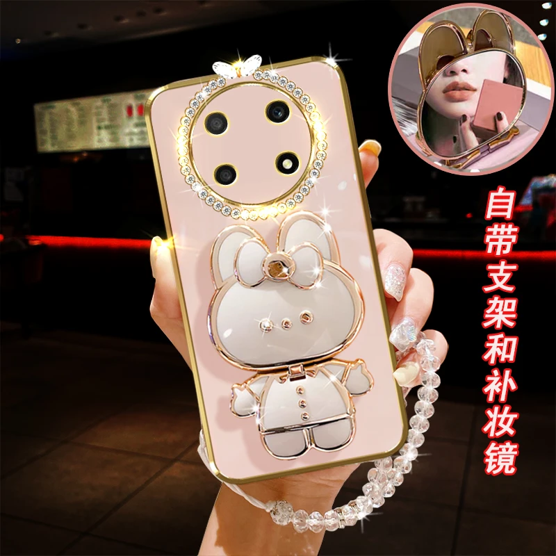 荣耀X30手机壳5G镶钻ANY一AN00支架防摔保护套时尚小兔镜子女款软