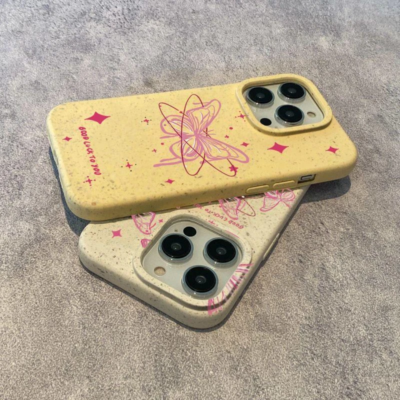 ins粉色蝴蝶苹果14小麦壳iphone13promax/12/11手机壳xs/xr软7/8