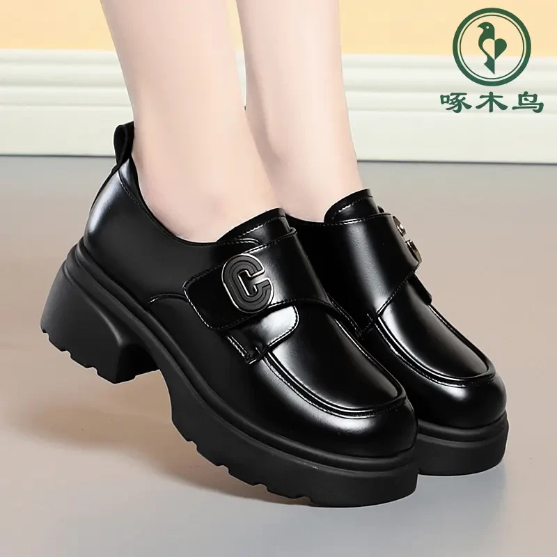 啄木鸟厚底乐福鞋2024春季新款英伦jk皮鞋黑色松糕百搭玛丽单鞋子
