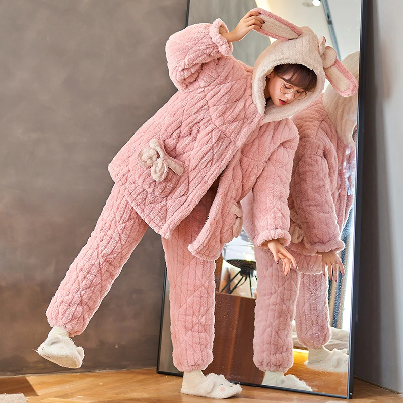 621035冬季加绒加厚三层夹棉珊瑚绒睡衣女连帽毛绒家居服冬款