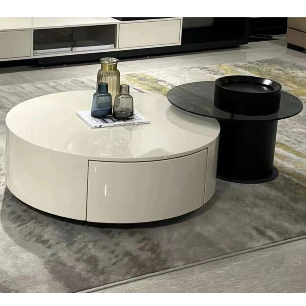 意式极简大小圆茶几组合客厅大小户型茶几大圆烤漆加小圆钢化玻璃