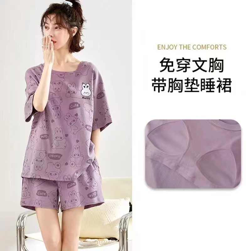 夏季带胸垫的睡衣女士卡通休闲夏天薄款免穿文胸可外穿家居服套装