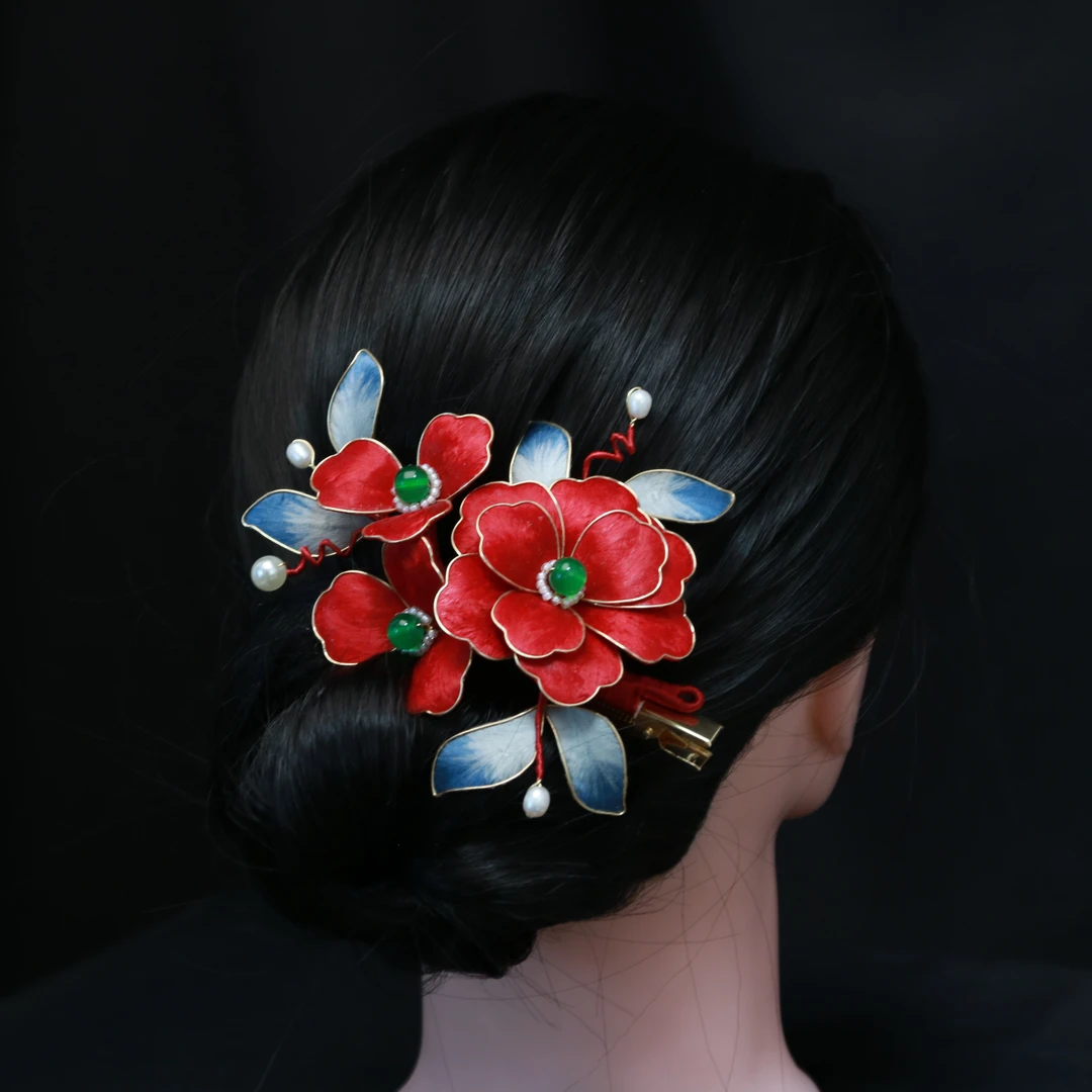 边夹 红牡丹 手工绒花 复古发钗