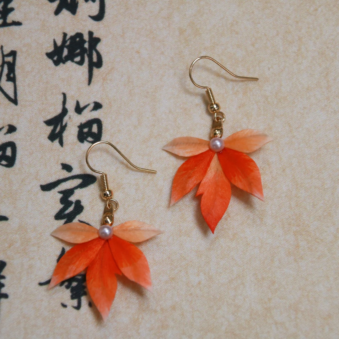 非金属耳饰 枫叶红绒花手工耳饰贵气气质时尚首饰耳环