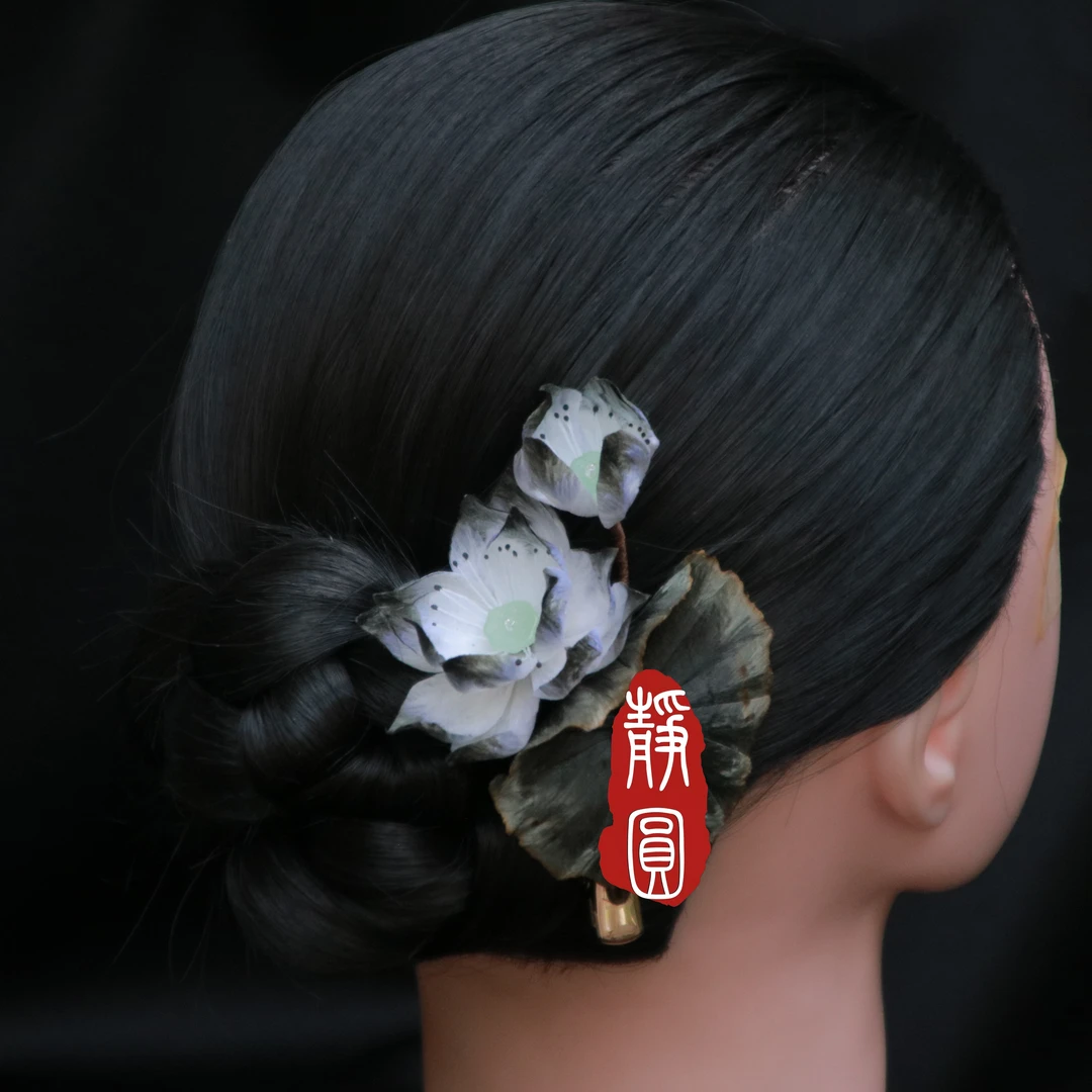 边夹 水墨莲花新中式 手工绒花 复古