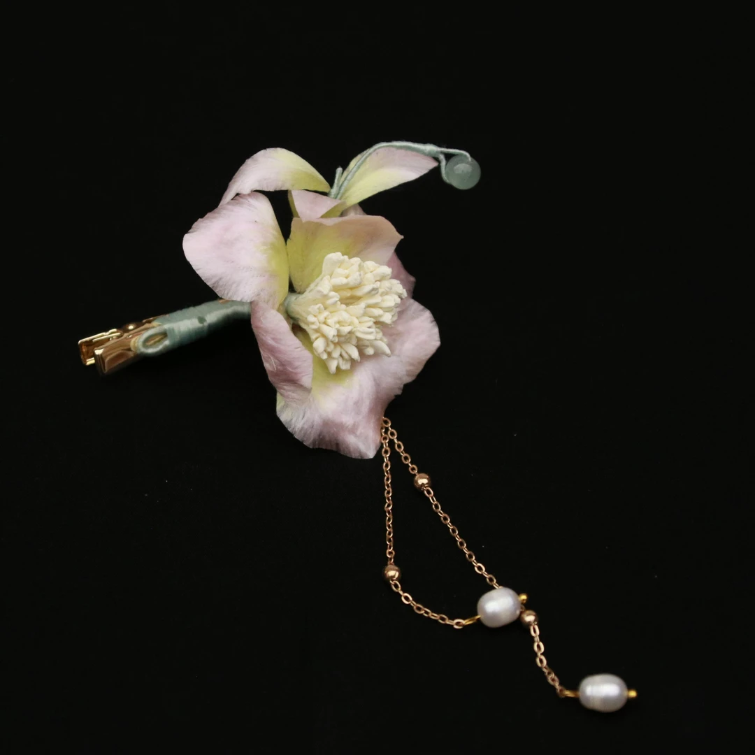 边夹 手工缠花 粉花朵复古新中式