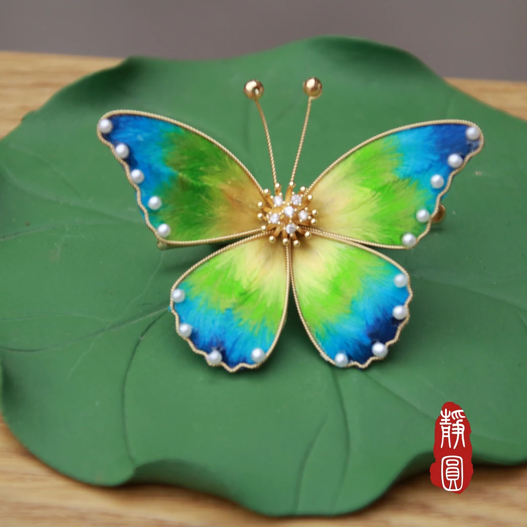 【蝶舞】边夹 千里江山 蝴蝶 手工绒花头饰发卡