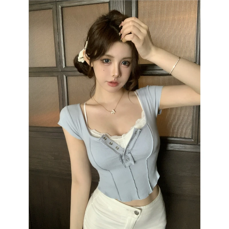 纯欲甜辣妹性感短款鱼骨小上衣女夏季方领短袖t恤蕾丝吊带两件套