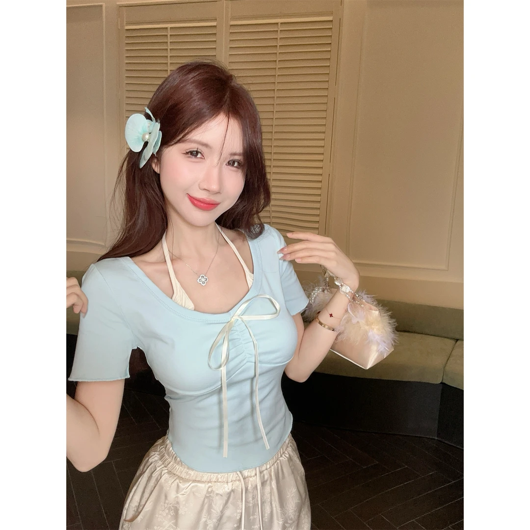 假两件挂脖吊带短袖t恤女夏季新款纯欲甜辣妹短款小上衣法式绝美