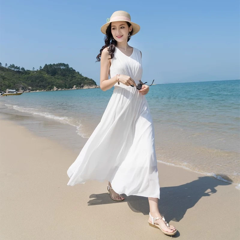 连衣裙中腰长裙裙子纯色无袖优雅仙女裙宽松腰白色高腰夏季显瘦