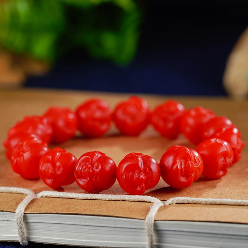 AAA云南 高端 14m 磨砂 手工雕工佛头 手串 天然满色满肉锦红手串