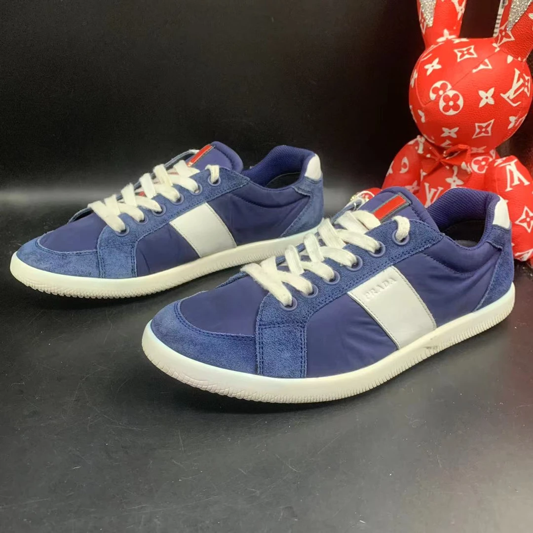 【聚星福利】Prada/普拉达男休闲舒适蓝色帆布麂皮拼接板鞋41.5欧码