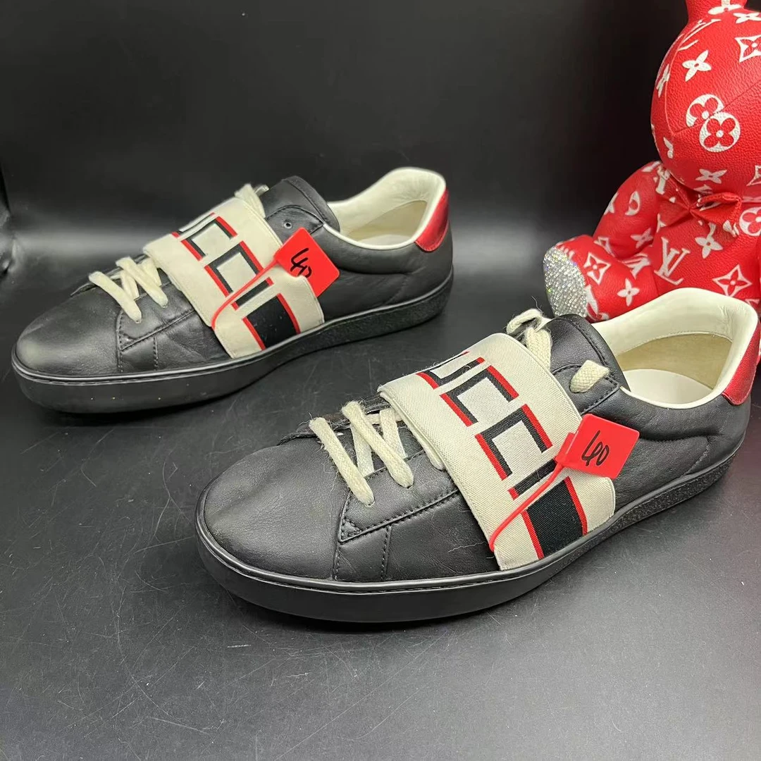 【聚星福利】GUCCI/古驰男士黑色休闲时尚绑带潮流低帮板鞋40欧码