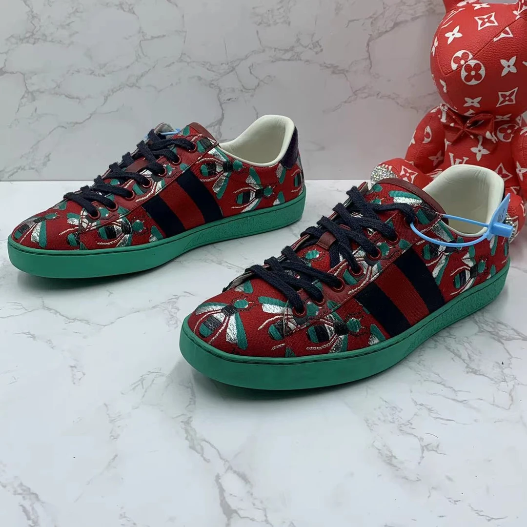 【聚星折扣】GUCCI/古驰二手男士时尚百搭红色绿底蜜蜂板鞋40.5欧码