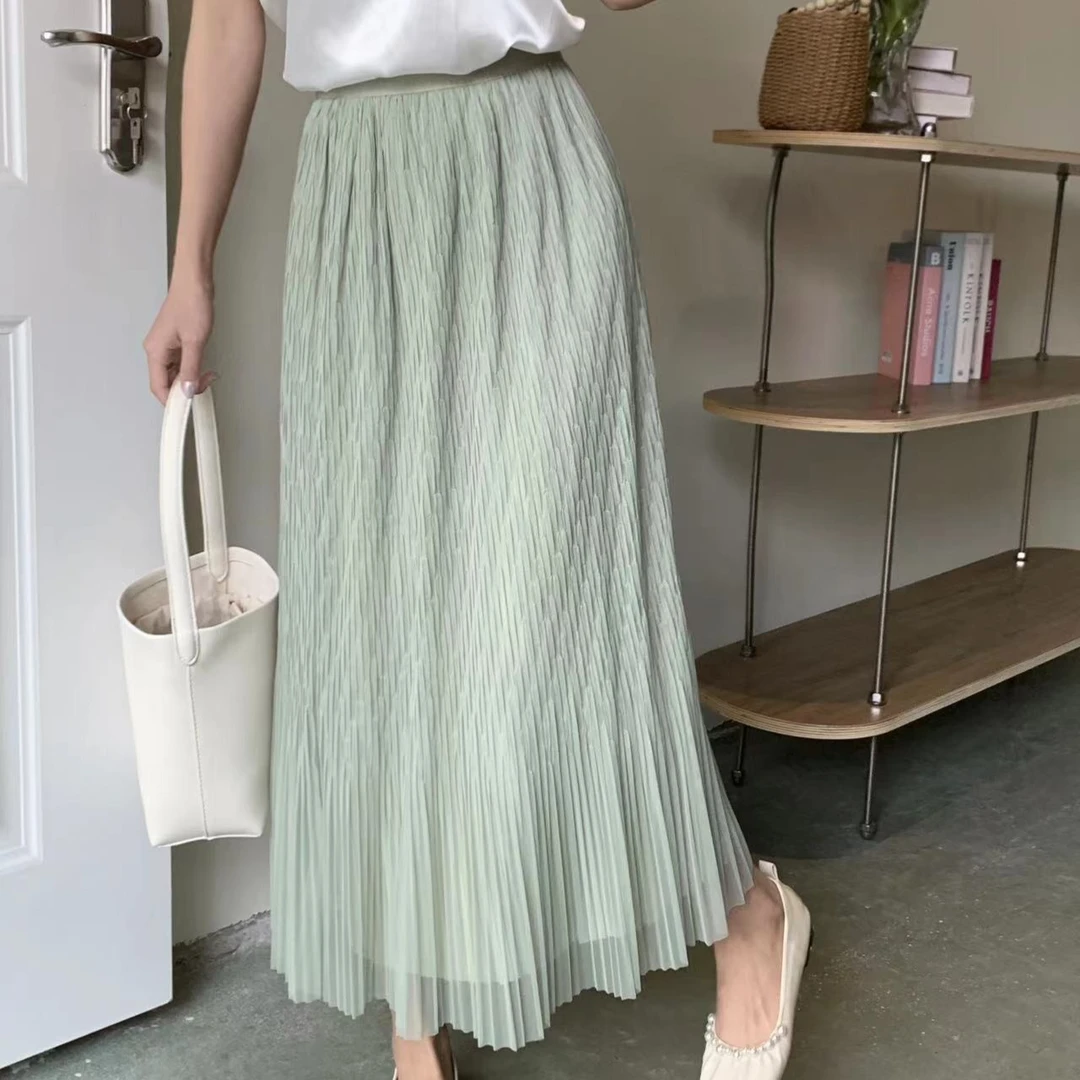 2024重工压花网纱半身裙女春秋高腰梨形身材温柔垂坠感中长裙子