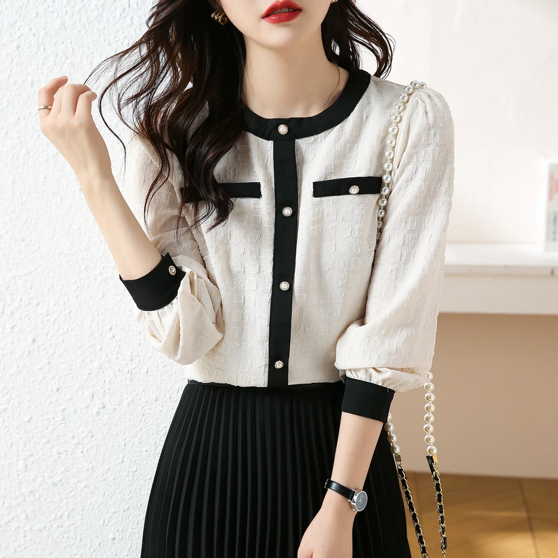 白色圆领长袖衬衫女2024年春季新款温柔上衣气质小衫时髦衬衫