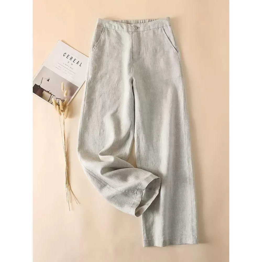 纯亚麻宽松阔腿女裤2024新款薄棉麻垂感高腰九分显瘦休闲直筒长裤