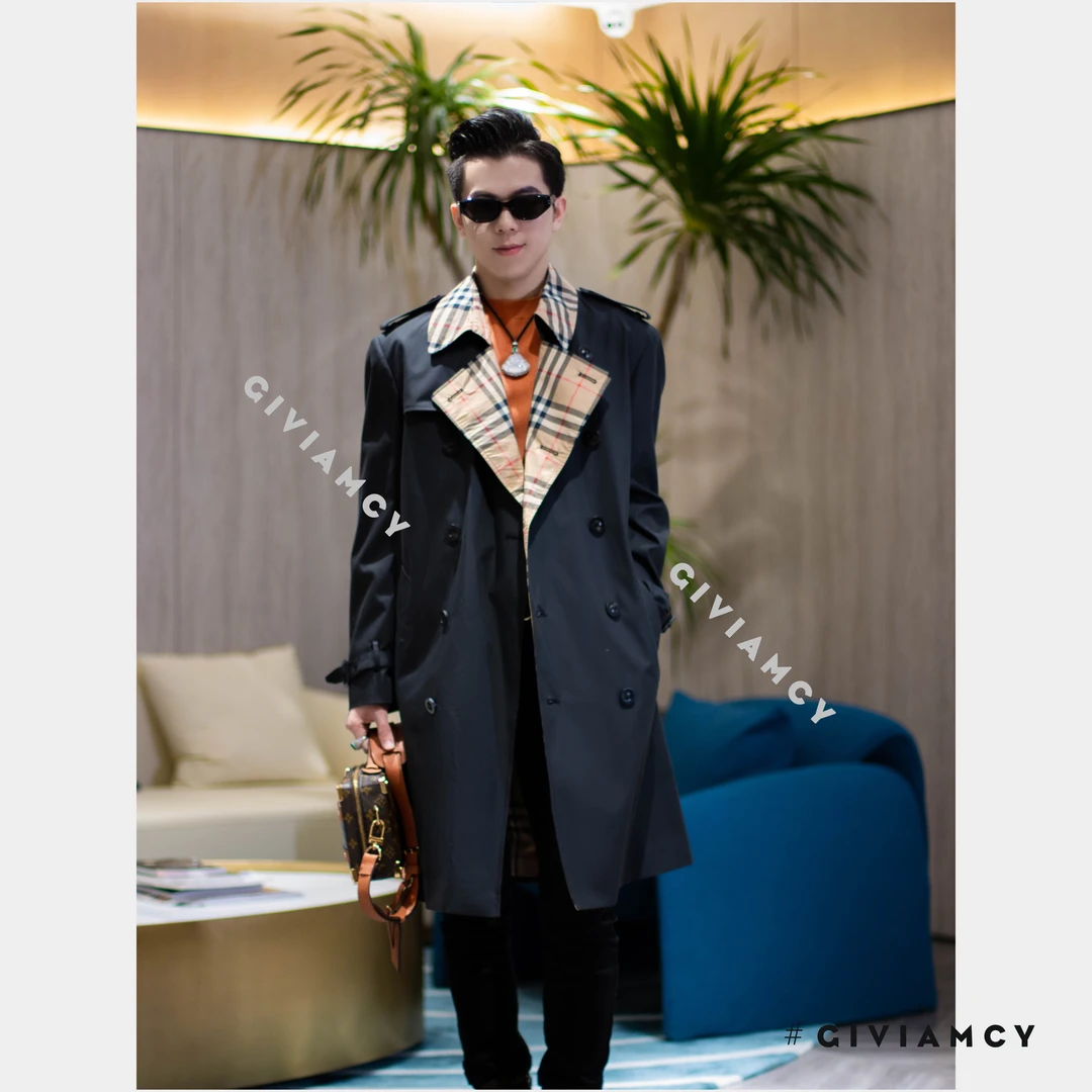 春季轻奢翻领百搭男士格纹时尚气质经典英伦风大衣双排扣拼色黑色