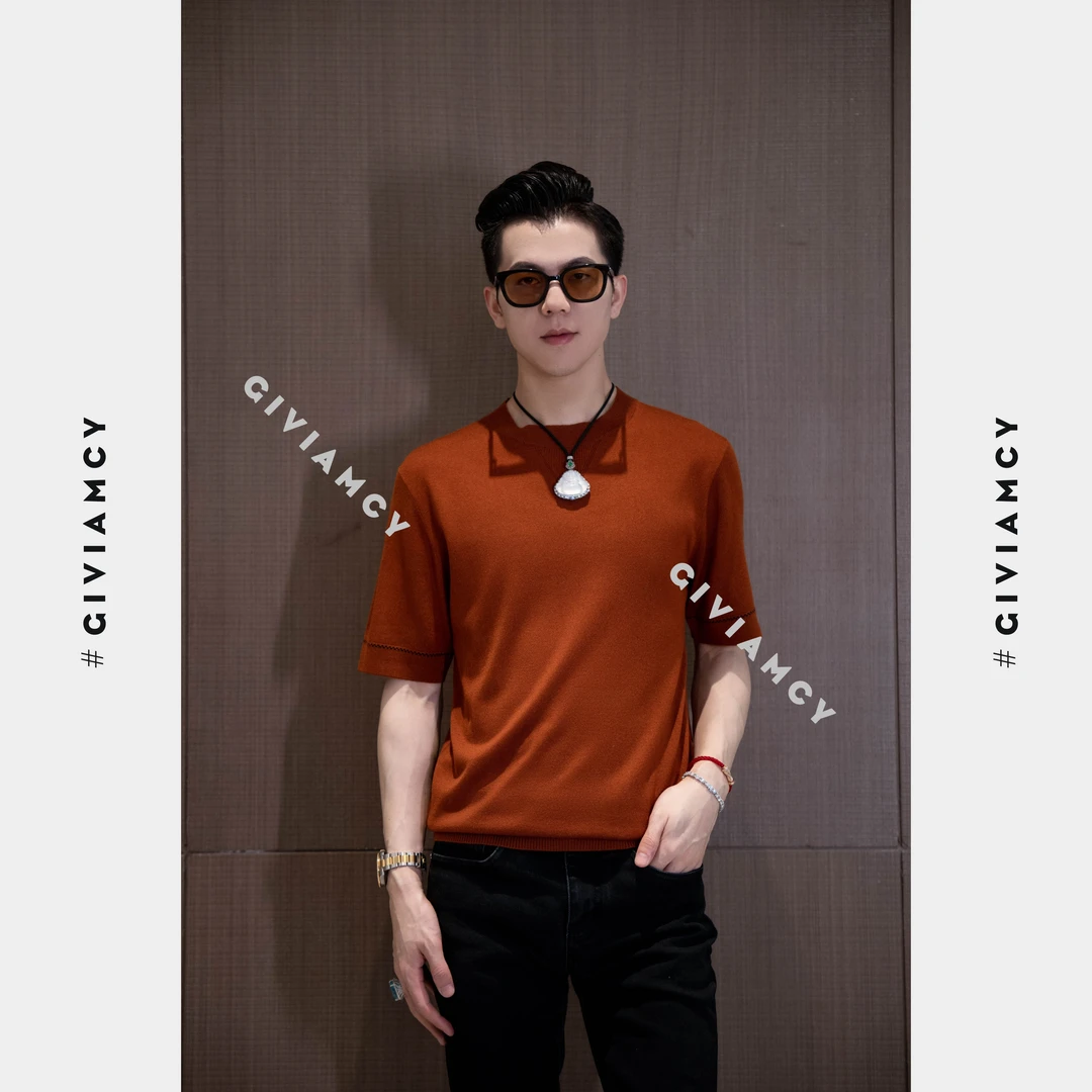 桑蚕丝针织男士百搭圆领短袖冰丝短袖男高端轻奢时尚半袖T恤