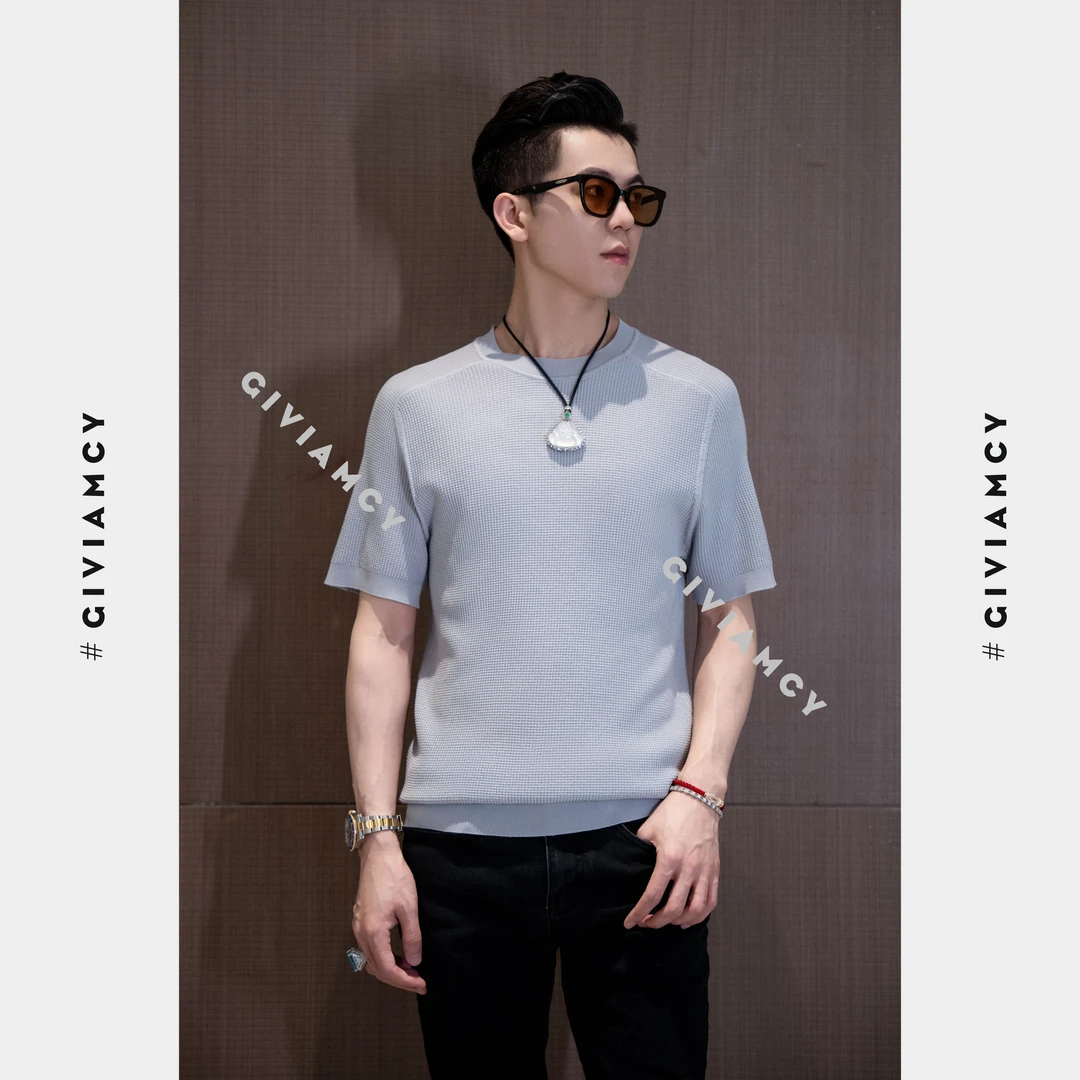 夏季菠萝纹男士纯色短袖T恤轻奢百搭针织冰丝短袖上衣时尚半袖男